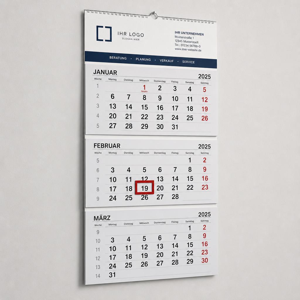 3-Monatskalender von MARKANDA – individuell gebrandet im Büro inszeniert