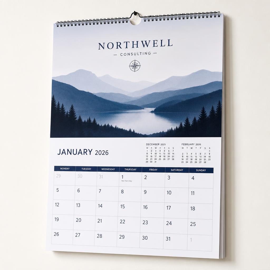 Wandkalender von MARKANDA – individuell gebrandet im Büro inszeniert