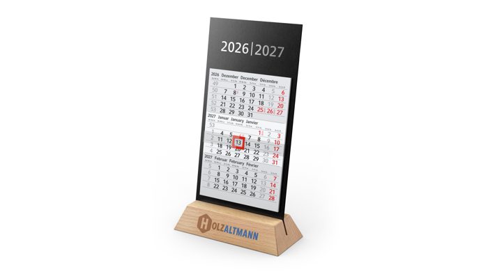 Tischkalender Desktop Wood 3 Holzaufsteller Karton-Rückwand schwarz Ansicht 2