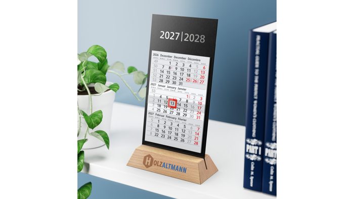 Tischkalender Desktop Wood 3 Holzaufsteller Karton-Rückwand schwarz Ansicht 3